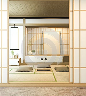 Nihon room design interior with door paper and cabinet shelf wall on tatami mat floor room japanese style. 3D rendering