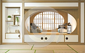 Nihon room design interior with door paper and cabinet shelf wall on tatami mat floor room japanese style. 3D rendering