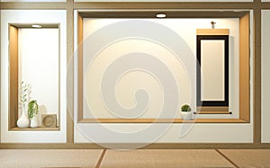 Nihon room design interior with door paper and cabinet shelf wall on tatami mat floor room japanese style. 3D rendering