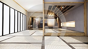 Nihon room design interior with door paper and cabinet shelf wall on tatami mat floor room japanese style. 3D rendering