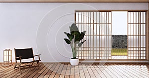 Nihon room design interior with door paper and cabinet shelf wall on tatami mat floor room japanese style. 3D rendering