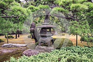 Beautiful stoned lanterns in nijo castle grounds , kyoto, kansai, Japan