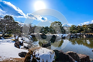 Nijo Castle with snow in winter. Kyoto, Japan.