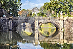 Nijubashi Bridge Reflection, Landmark of Tokyo, located in front of The Imperial Palace, Tokyo, Japan