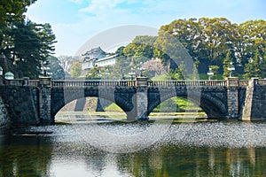 Nijubashi or Megane Bashi bridge, structure made of stone and curves, Imperial Palace or Kokyo is Emperor Residence, Edo Castle. photo