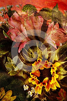 Grunge floral composition with paper texture Sunflower