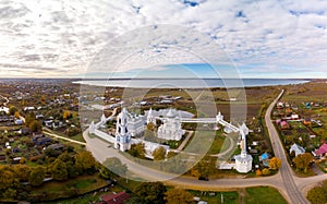 Nikitsky Monastery and lake Pleshcheyevo in Pereslavl-Zalessky, Yaroslavl oblast, Russia. Panoramic aerial view