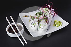 Nikkei Ceviche Roll on a dark table