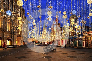 Nikolskaya street on Christmas and new year holidays in the early morning. Festival `Journey to Christmas`. Moscow,