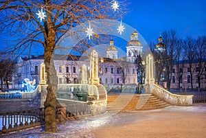 Nikolsky Naval Cathedral and festive stars on a tree in St. Petersburg