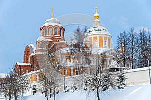Nikolsky and Pokrovsky Cathedrals of Pokrovsky Khotkov Monastery in winter,Khotkovo town, Sergiev Posad district