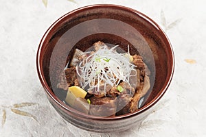 Nikujaga including beef, potato and radish stew topping with sliced radish and scallion in brown ceramic bowl on washi.