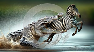 Illustration of a crocodile attacking a zebra during the great migration in Africa. Generative Ai