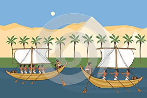 Nile river of Ancient Egypt with sailboats vector cartoon