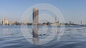 The Nile River in Cairo. Ducks are swimming on the smooth, shiny water.