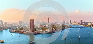 Nile River and Cairo skyline, high quality aerial panorama, Egypt