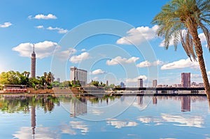 Nile river and famous buildings of Cairo downtown, great scenery of Egypt