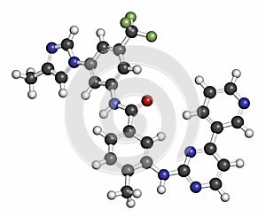 Nilotinib cancer drug molecule (tyrosine kinase inhibitor). Atoms are represented as spheres with conventional color coding: