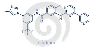Nilotinib cancer drug molecule tyrosine kinase inhibitor. Skeletal formula.