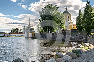Nilov Monastery on the Stolobny island, Tver region. View of the Archbishop`s Wharf from the artificial dam.