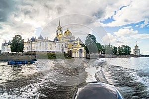 Nilov Monastery on the Stolobny island, Tver region. View from the lake Seliger..