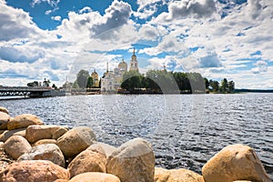 Nilov Monastery on the Stolobny island, Tver region. View from the Peninsula Svetlitsa.