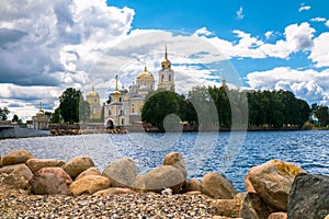 Nilov Monastery on the Stolobny island, Tver region. View from the Peninsula Svetlitsa.
