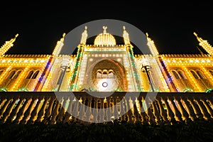 Nimb Palace at night, at Tivoli Gardens, in Copenhagen, Denmark.