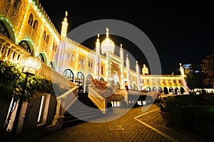 Nimb Palace at night, at Tivoli Gardens, in Copenhagen, Denmark.