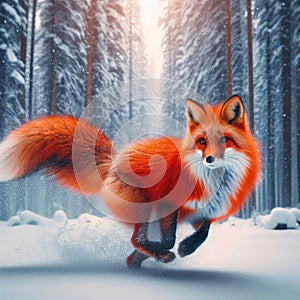 Nimble red fox hops and bounds over winter terrain
