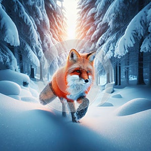 Nimble red fox hops and bounds over winter terrain