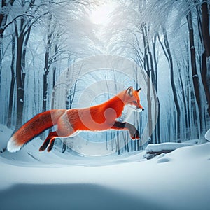 Nimble red fox hops and bounds over winter terrain