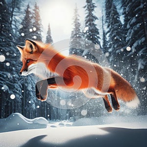 Nimble red fox hops and bounds over winter terrain