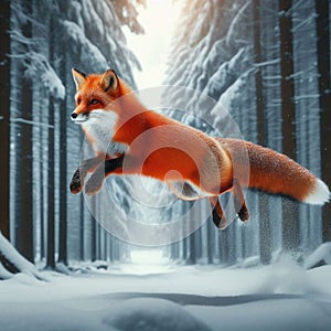 Nimble red fox hops and bounds over winter terrain