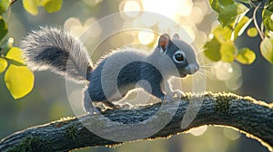 Adorable Gray Squirrel on Branch at Golden Hour photo
