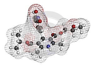 Nimodopine vasospasm drug molecule. 3D rendering. Atoms are represented as spheres with conventional color coding: hydrogen (white photo