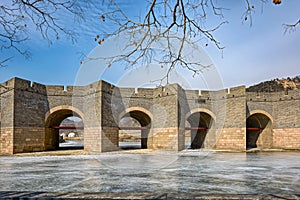 Nine-Arch Bridge on Great China wall in winter