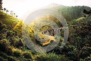 Nine-arch bridge in Sri Lanka. Beautiful railway bridge in Asia. Nature of Sri Lanka. Tea plantations in Asia. Colonial