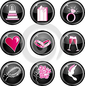 Nine black glossy wedding web icons.