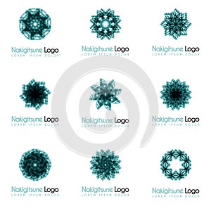 Nine blue and black flower logos with geometric shapes in pack. for the celebration of the religion and architecture of the Middle