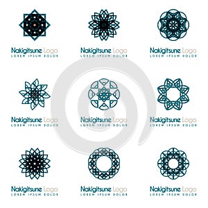 Nine blue and gray flower logos with geometric shapes in pack. for the celebration of the religion and architecture of the Middle