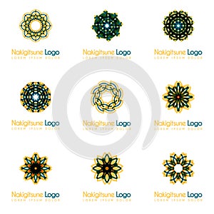 Nine blue and yellow flower logos with geometric shapes in pack. for the celebration of the religion and architecture of the Middl