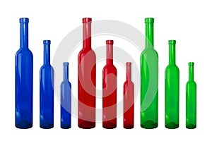 Nine bottles in three different sizes and colors, blue, red and green