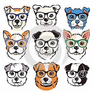 Nine canine faces wearing stylish glasses. Dogs portrayed include different breeds, all hipster