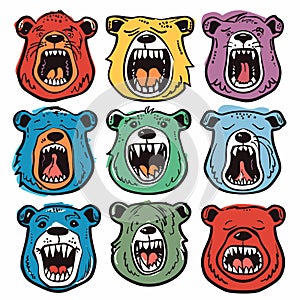 Nine cartoon bear faces expressing aggression displayed three rows, bear design distinct