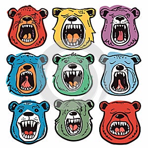 Nine cartoon bear faces expressing aggression displayed three rows, bear design distinct photo