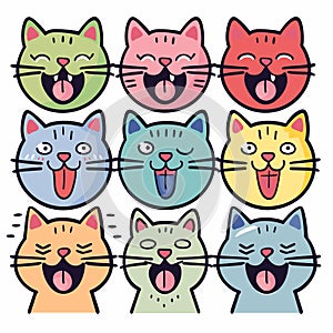 Nine cartoon cats arranged grid, cat different color expression, cute animal faces. Smiling feline