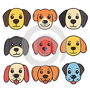 Nine cartoon dog faces, various colors expressions, cute puppy illustrations, isolated white