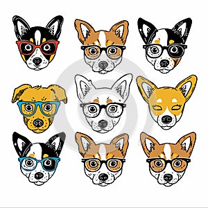 Nine cartoon dogs wearing glasses, colorful eyewear, diverse expressions. Cute dog faces, various
