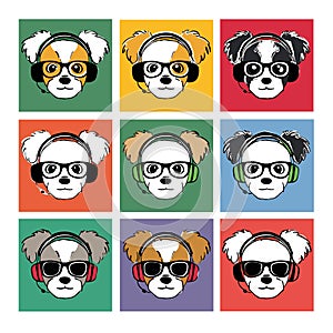 Nine cartoon dogs wearing headphones sunglasses, dog separate colored square. Dogs various colors